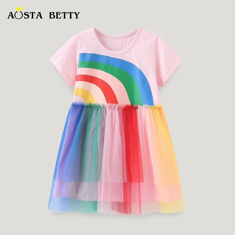 

New Summer Dress for Girls Cartoon Printed Gauze Princess Skirt Round Neck Children's Colorful