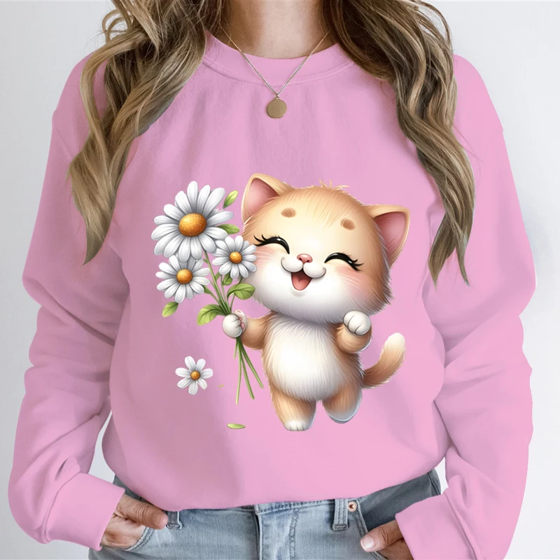 

Floral Cat Design Women Sweatshirt Graphic Kawaii Cartoon Animal Lovers Essential Hoodies Unisex Funny Cats Print Sweatshirts