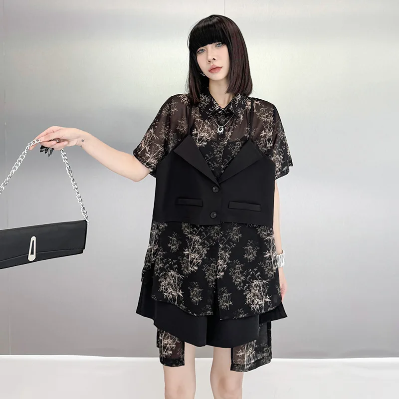 Tannt Set di pantaloni da donna Asimmetria Camicia in due pezzi finta Top Moda irregolare Pantaloni corti a vita alta Abiti a due pezzi 2025 Nuovo