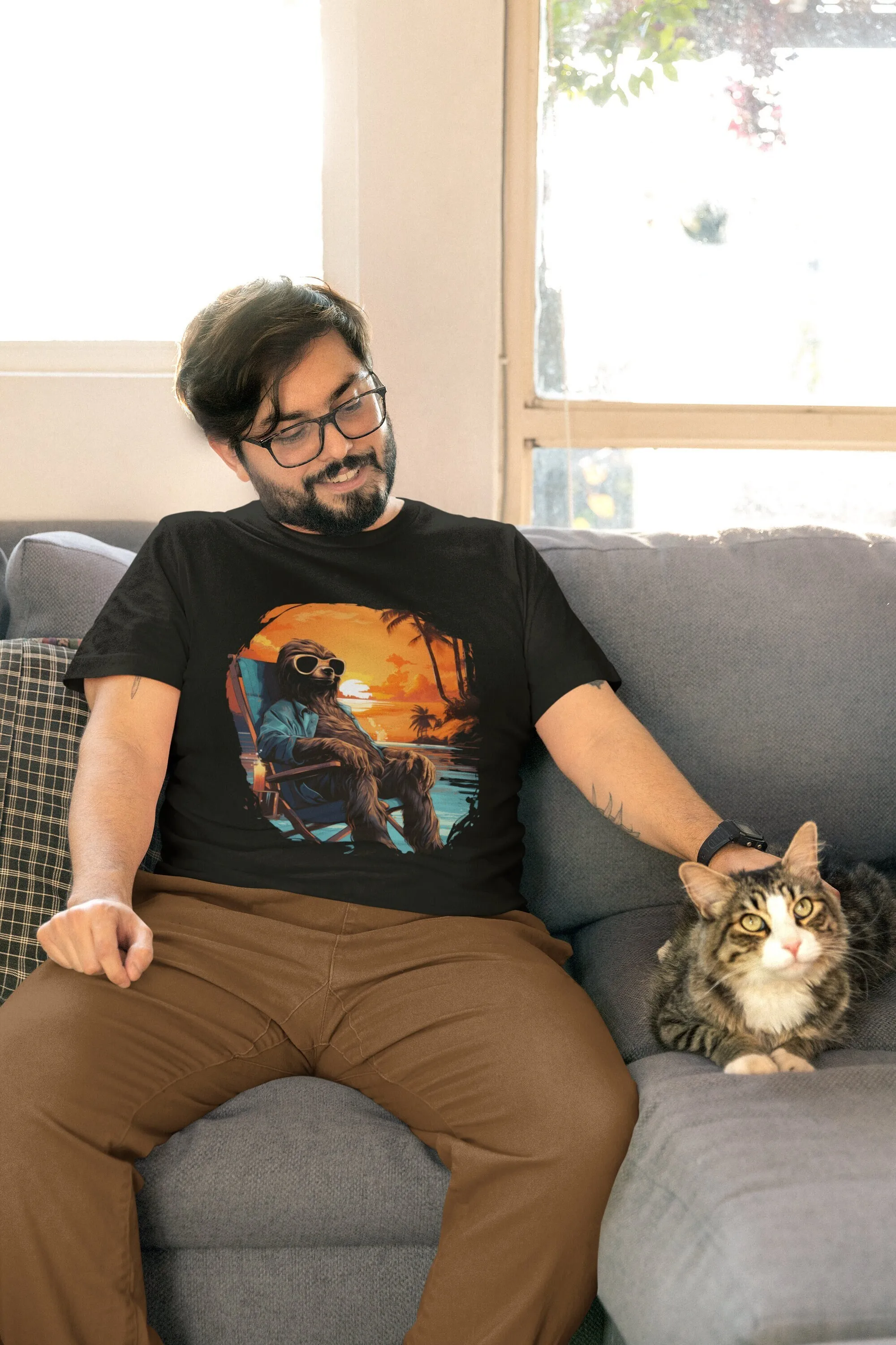 

Пляжная футболка в стиле ретро с ленивцем, закат, охлаждающий дизайн ленивца, повседневная летняя футболка, уникальный подарок для любителей отдыха