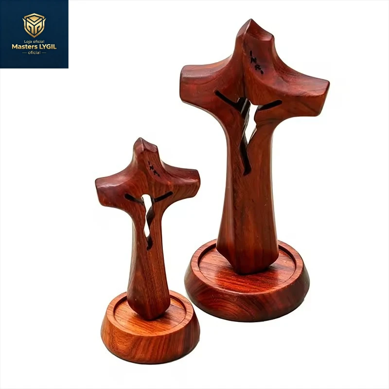 Solid Wood Hollow Jesus Cross Statue INRI Engraved Crucifix Tabletop Decor Religious Gift for Christian Home Church Decoration