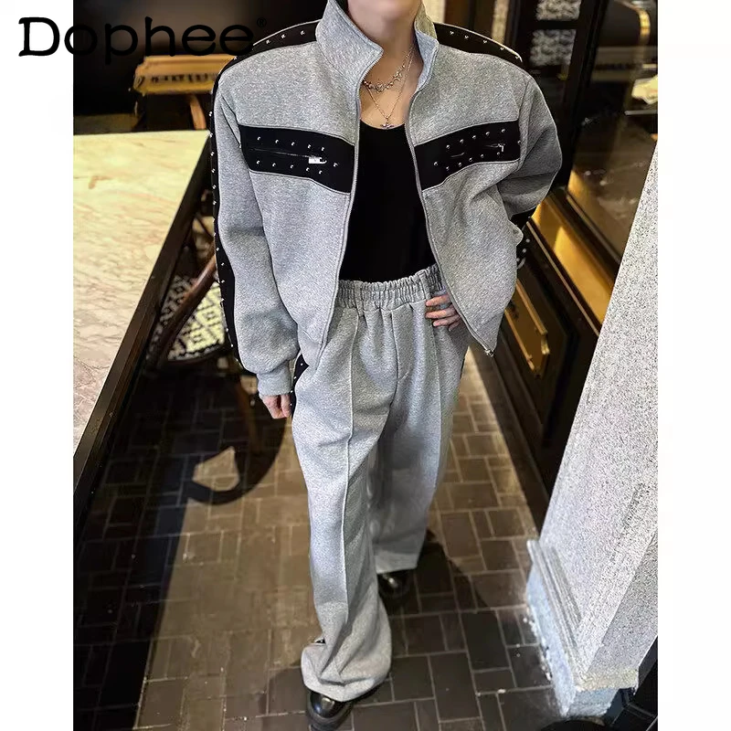 Men's 2025 Spring Autumn Trendy Two-Piece Sets Rivet Design Fashion 2pcs Contrast Color Sports Sweatshirts Wide-Leg Pants Sets