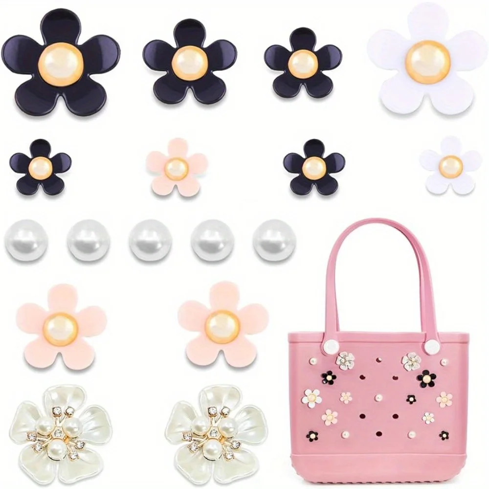 17pcs Charms for Bogg Bag, Pearls and Colorful Flowers for Bogg Bag Accessories, Compatible with Women Rubber Beach Bag