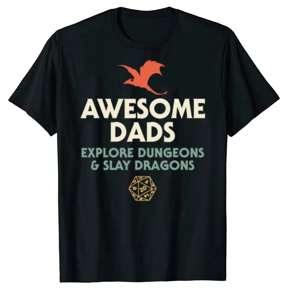 

Funny Dungeons Dragons Dad Graphic Tee Awesome Dads Explore Dungeons Slay Dragons Cotton Short Sleeve T-Shirt for Men