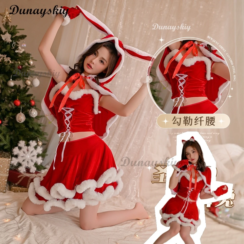 Vrouwen Kerst Sexy Konijn Meisje Kostuum Cosplay Kerstman Gewaad Uniform Pak Kerst Rode Jurk Erotische Lingerie Pyjama Nachthemden