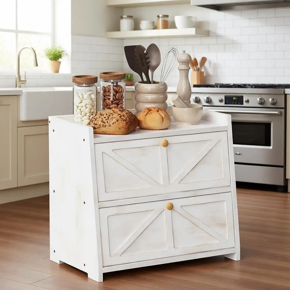 

Большая антикварная белая двухъярусная бамбуковая коробка для хлеба для хранения на кухонной стойке