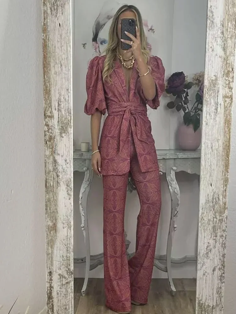 

Fashion Print Women's Two Piece Suit V-neck Puff Sleeve Lace Up Top Straight-leg Pants 2025 Summer Chic Female Commute Outfits