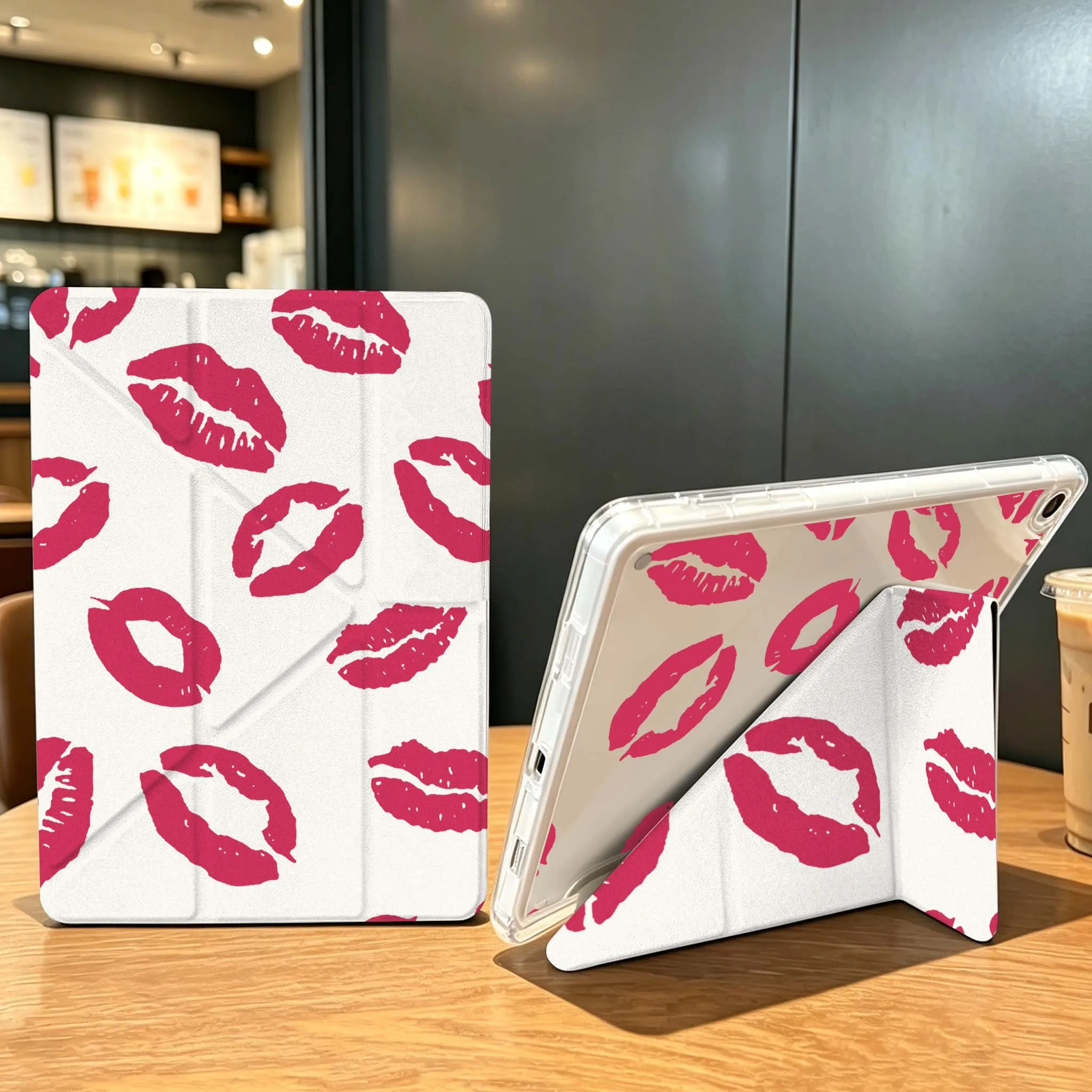 Black Red Lips Pattern For Samsung Galaxy Tab A9 A8 A11 S6 S7 S8 S9 S10 FE Plus Lite Transparent Y-Shaped Folding Tablet Case