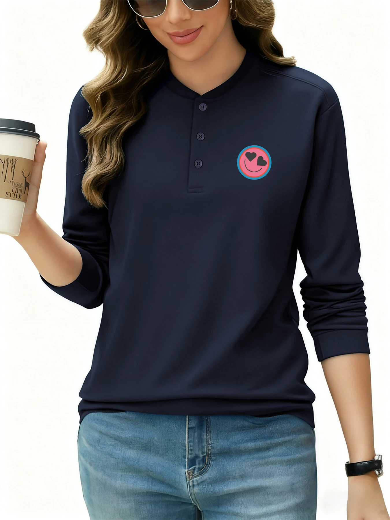 Cartoon Gesicht Einfache Drucke Damen Henley Shirts Atmungsaktive Business Kleidung Weiche Hochwertige Tops Mode Knopf Langarm