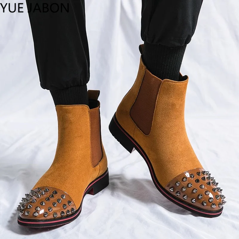 Black New Chelsea Boots Men Shoes Rivet Brown Fashion Flock Business Casual British Style Street Party Wear Classic Ankle Boots