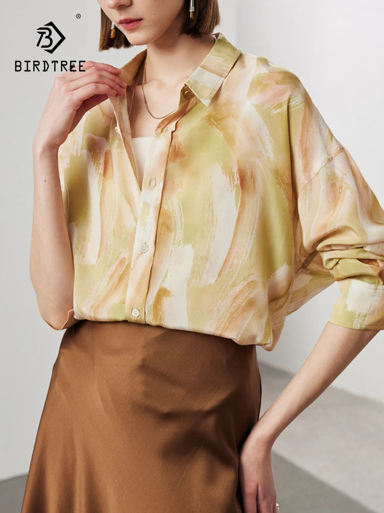 

BirdTree, 6A 100%Real Silk Elegant Shirt, Women Long Sleeve Printed, Vacation French Casual Blouse, 2024 Summer Autumn T47655QC