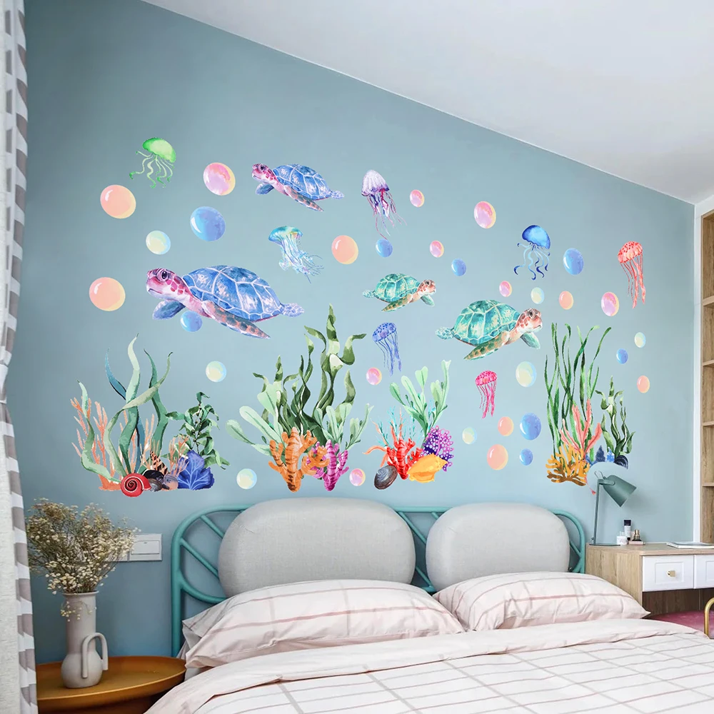 Under The Sea Coral Reef Fish Wall Sticker  Sea Turtle, Seaweed, Ocean Grass, Bubbles Wall Decals Bathroom Children Kids Room