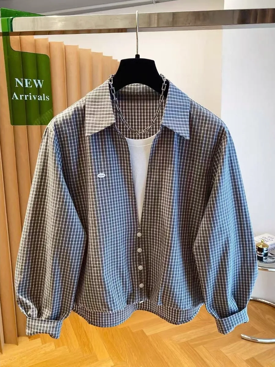 Brand New Korean Style Plaid Shirt Layered Look Fake Two-Piece Cotton Long Sleeve Women's Loose Fit Breathable Comfortable 2