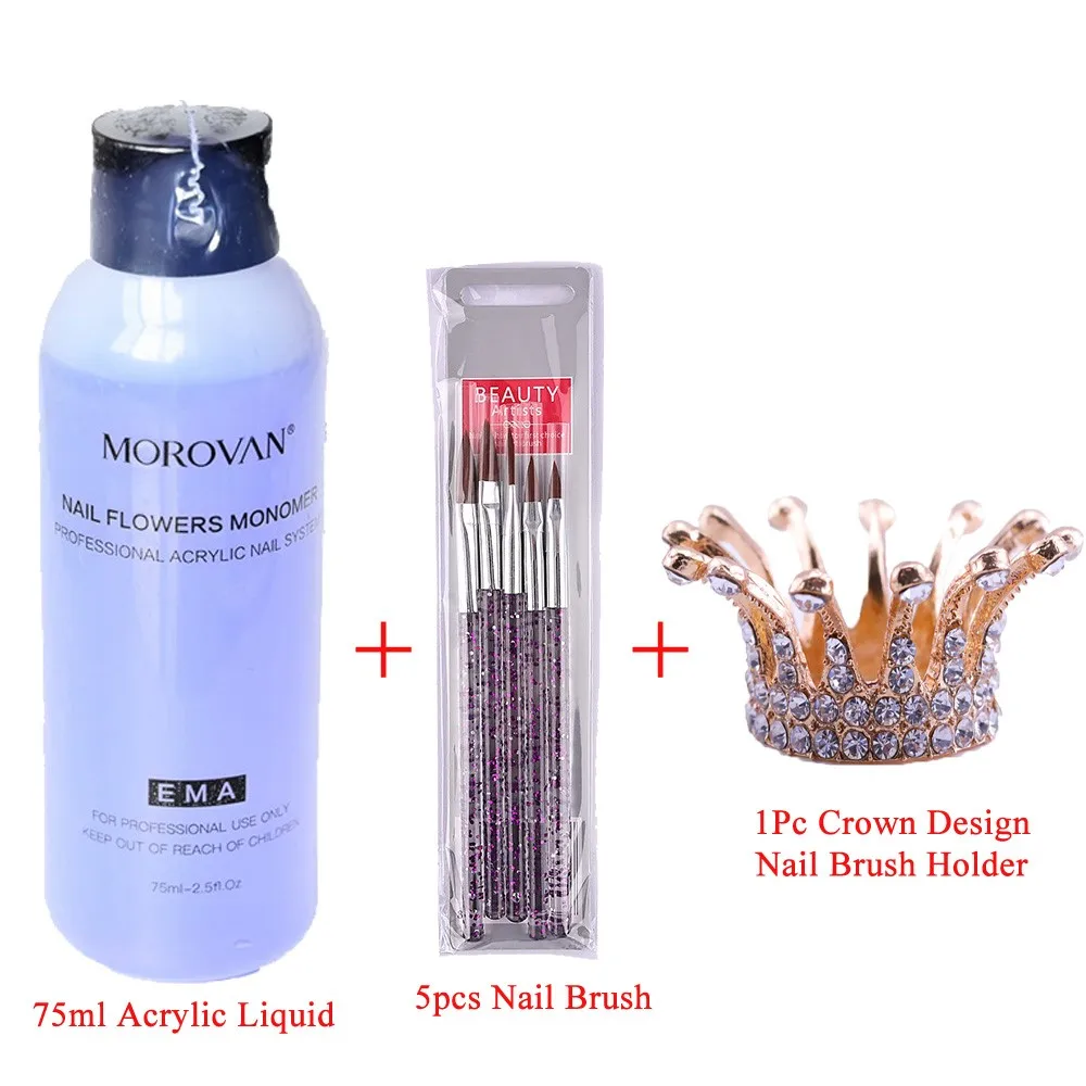 7Pcs EMA Acrylic Liquid Kit 75ml Liquid Monomer + Nail Brush + Pen Holder for Acrylic Powder Manicure Carve Extension Dipping