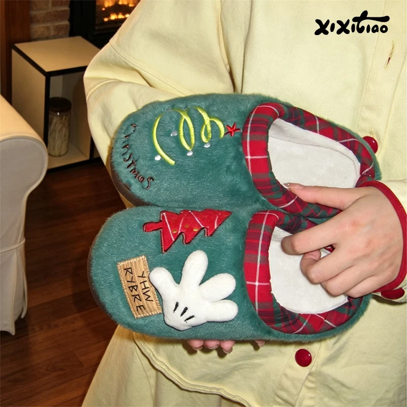 XIXITIAO New Winter Christmas Atmosphere Slippers for Men Women Fashion Funny Warm Anti-slip House Cotton Shoes Plush Footwear image 3