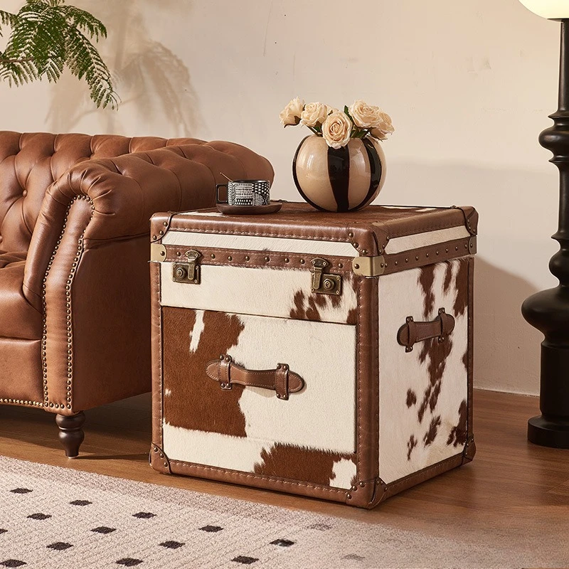 American retro milk cowhide denim luggage, locker, living room bedside table, leather case, coffee table, genuine leather