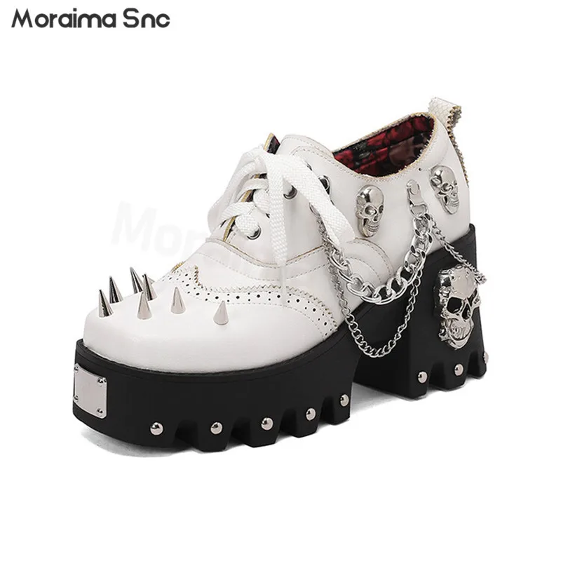 

Metal Punk Rivet Mary Jane Leather Shoes Round Toe Platform Chain Skeleton Shoes Large Size Retro Personalized Women's Shoes