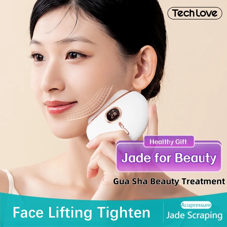 

Tech Love Facial Gua Sha Massager Jade Scraping Board Vibration Hot Compress Unblock Meridians Face Lifting Tighten Beauty Tool