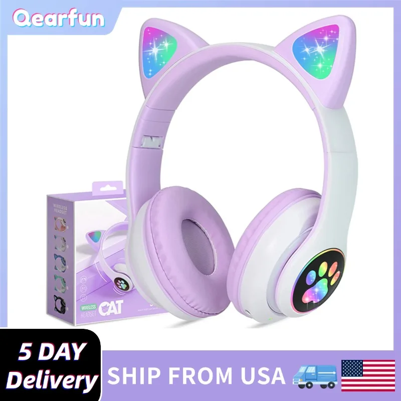 Cute Cat Headphones Bluetooth 5.0 Kids Wireless Headset with Mic Led Light Headphones for Ipad Laptop Girl Birthday Gift