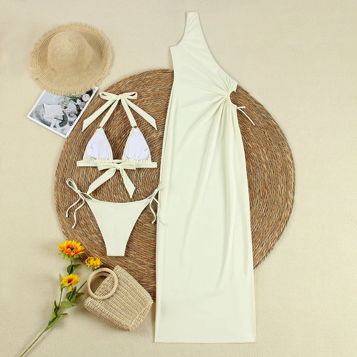 بيكيني مثير أبيض صغير ثونغ ملابس سباحة نسائية 2025 ملابس سباحة جديدة بأكمام طويلة ملابس شاطئ بكيني للسيدات