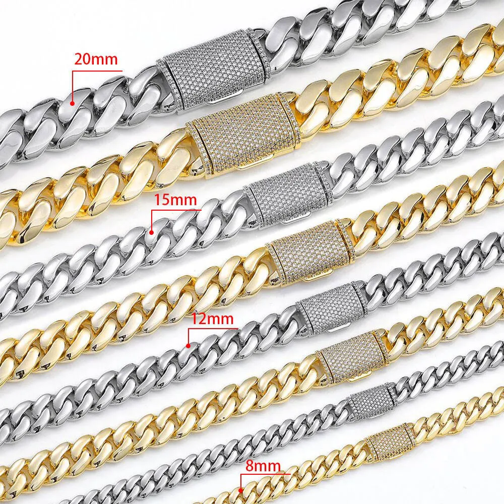 ESKEEM 14K Gold Plated High Polished Cuban Link Chain Necklace Iced Out Full Micro Pave Cubic Zirconia Box Clasp Hip Hop Jewelry