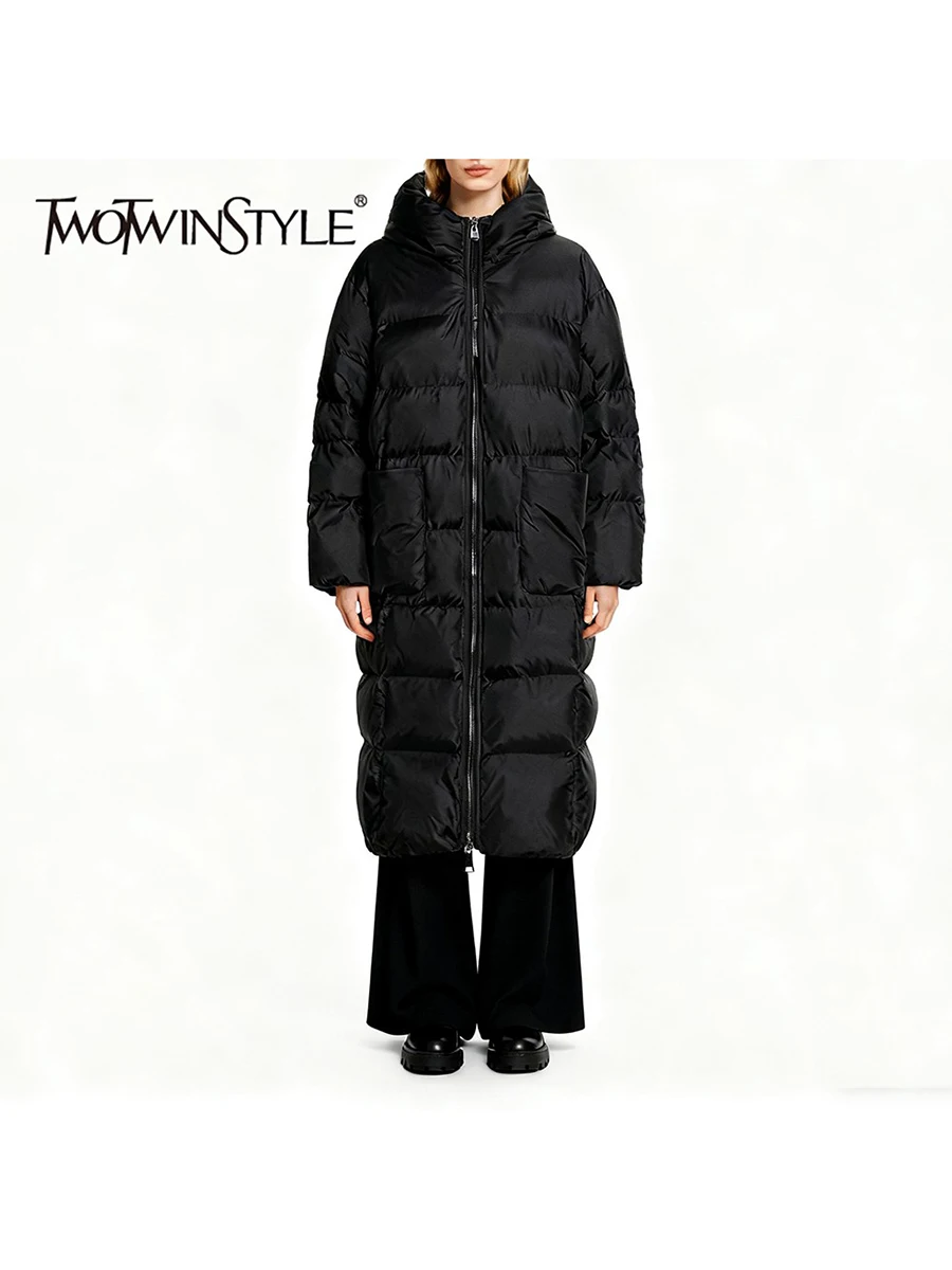 

TWOTWINSTYLE Solid Loose Spliced Pockets Minimalist Parkas for Women Hooded Long Sleeves Fashion Parka Female Winter Clothes New