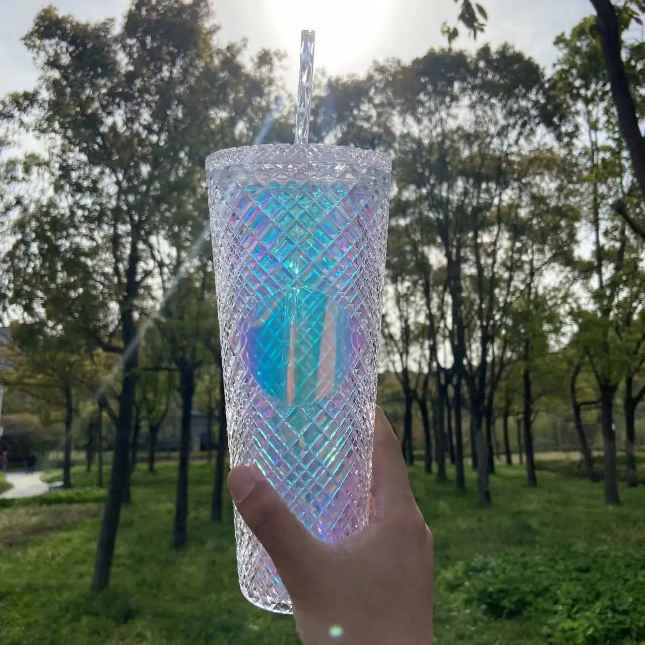 Diamond Radiant Straw Cup With Lid 701-800ml Summer Cold Water Cup Tumbler With Straw Double Layer Plastic Durian Coffee Mug