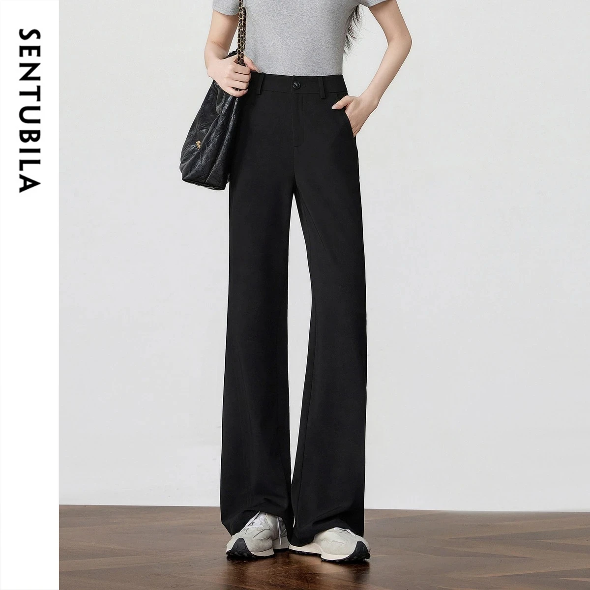 SENTUBILA Women Micro-flare Black Pants Slimming Stretch Knit Trousers 2026 Summer Commuter Versatile Office Wear 162KE7036