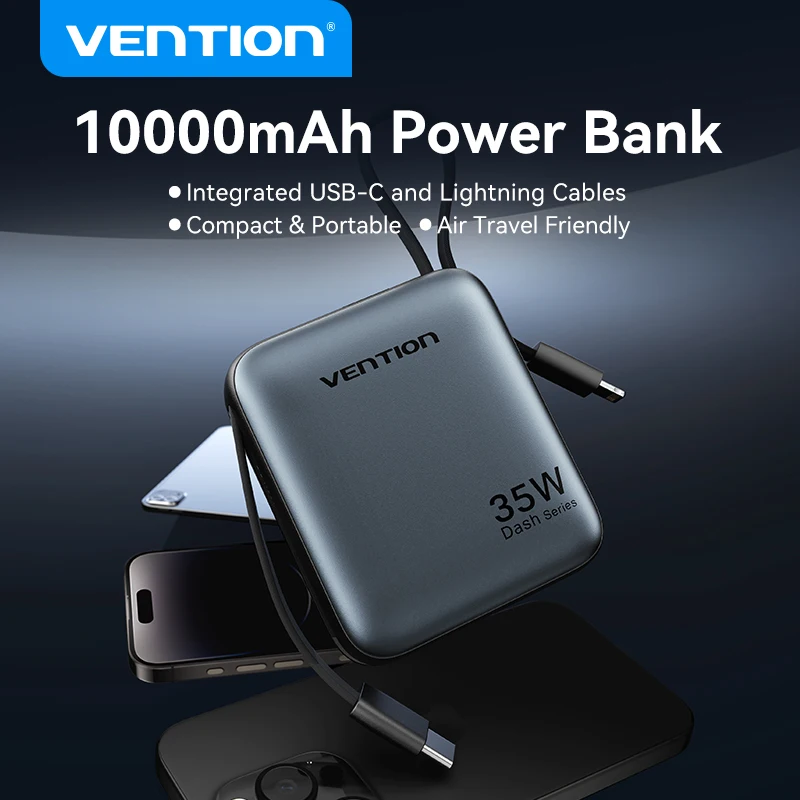 Портативный аккумулятор Vention 10000 мАч для iPhone 16 15 35 Вт PD со встроенной USB C Lightning и быстрой зарядкой для ноутбуков Xiaomi