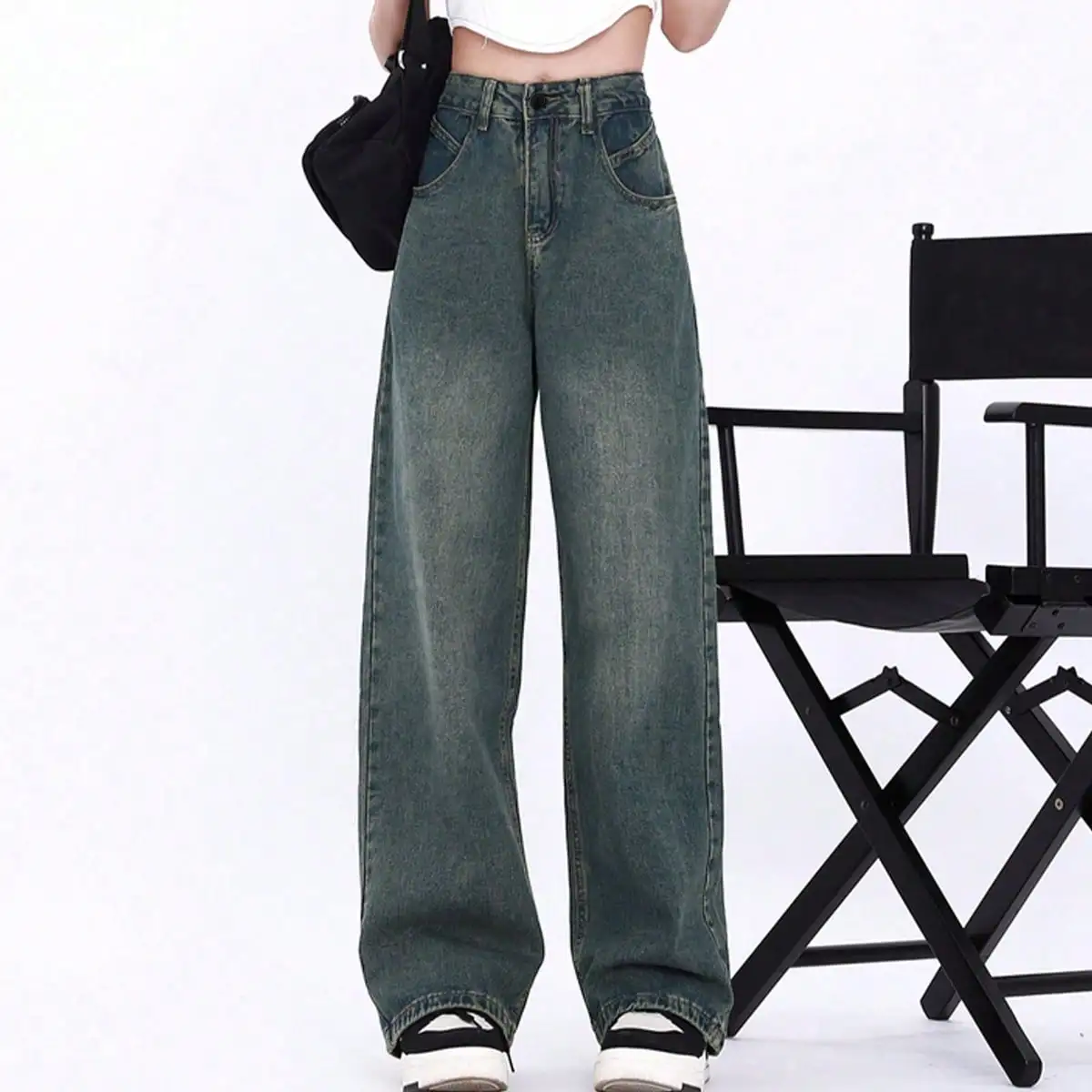 Korean Chic Autum New American Retro High-Waisted Washed Straight Loose Denim Floor-Length Wide-Leg Pants for Women