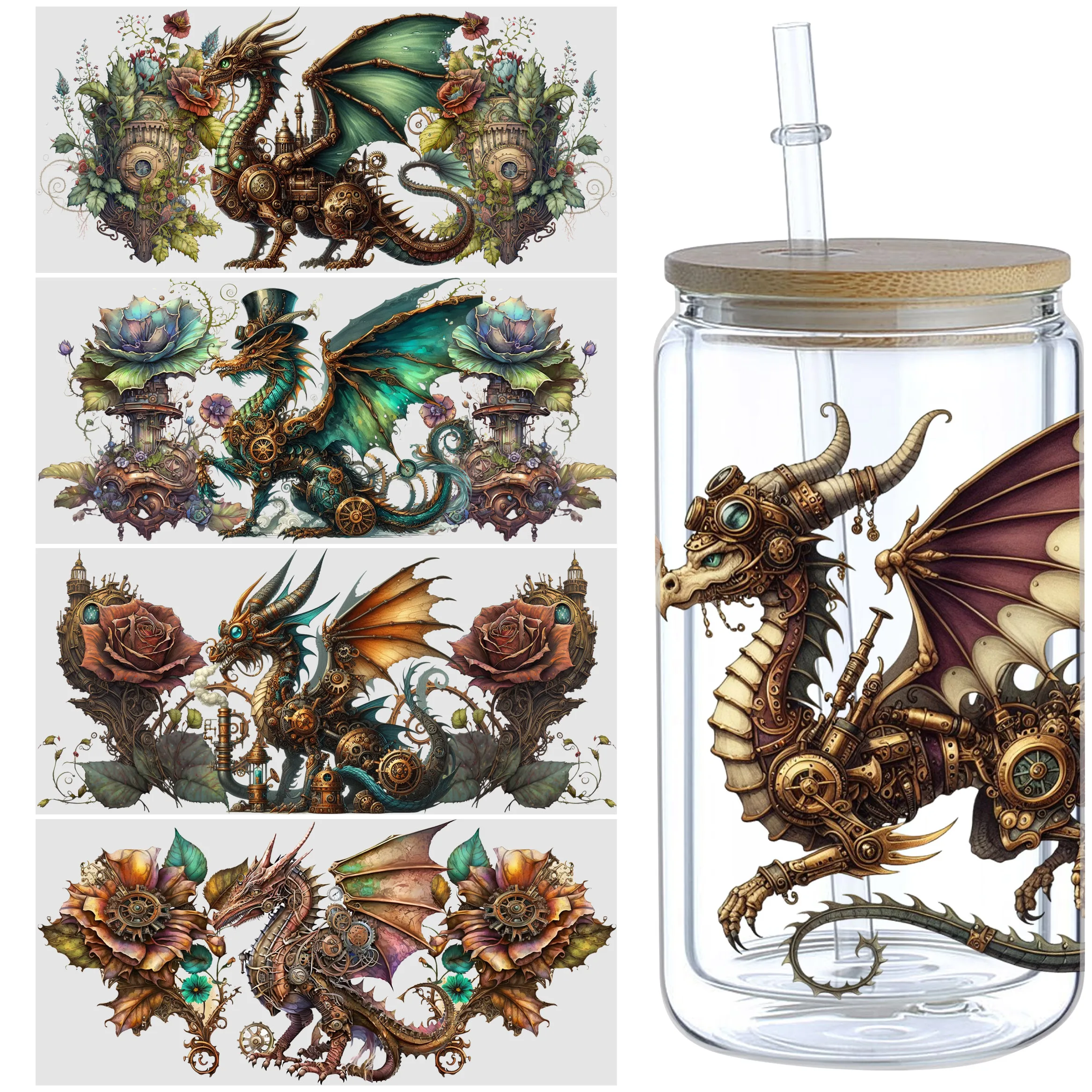 

5sheets Steampunk Dragon Pattern UV DTF Cup Stickers, Waterproof Sticker Pack For Decorating Mugs, Cups, Bottles, School Supplie