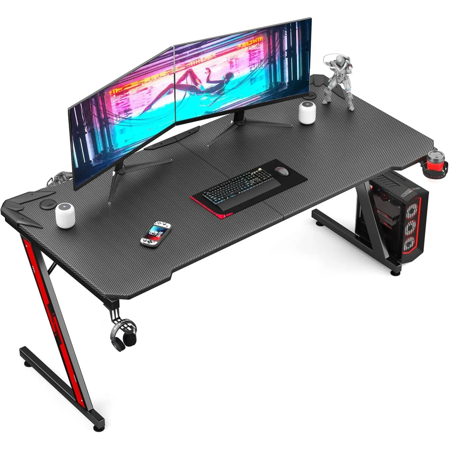 Gaming Desk Computer Desk with Carbon Fiber Surface, Gaming Table Z Shaped PC Home Office with Cup Holder&Headphone Hook(63 in)