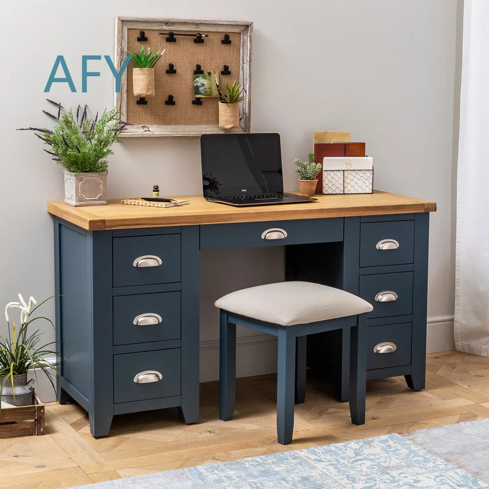 Modern Minimalist Navy Blue 7-Drawer Oversized Computer Desk for Home Office Workspace Storage Furniture Desk for Dual