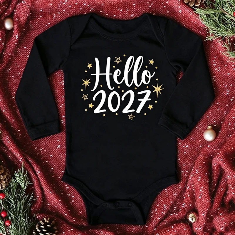 Hello 2027 Baby Bodysuit Long Sleeve Newborn Infant Romper Gold Star Print Baby Jumpsuit New Year Holiday Outfit 0-24M