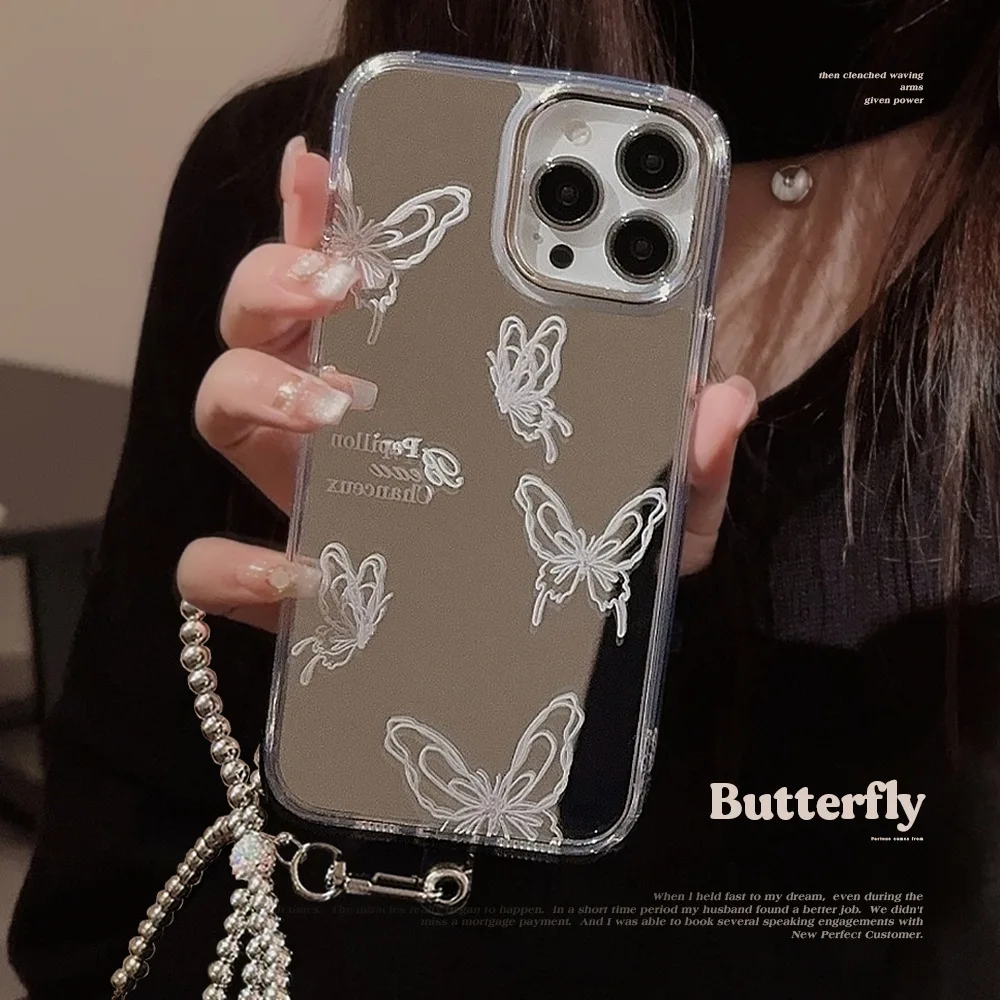 Luxuriöse Schmetterlings-Bowknot-Hängekette für iPhone 16, 15, 14, 13, 12, 11, Pro Max, Überzug, Make-up-Spiegel, stoßfeste Abdeckung