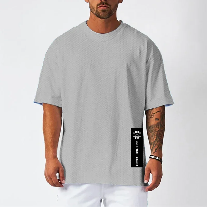Mens Bodybuilding Muscle Mesh Clothing Summer Breathbale Quick Dry Oversized T-Shirt Gym Fitness Loose Short Sleeve Sport Shirts
