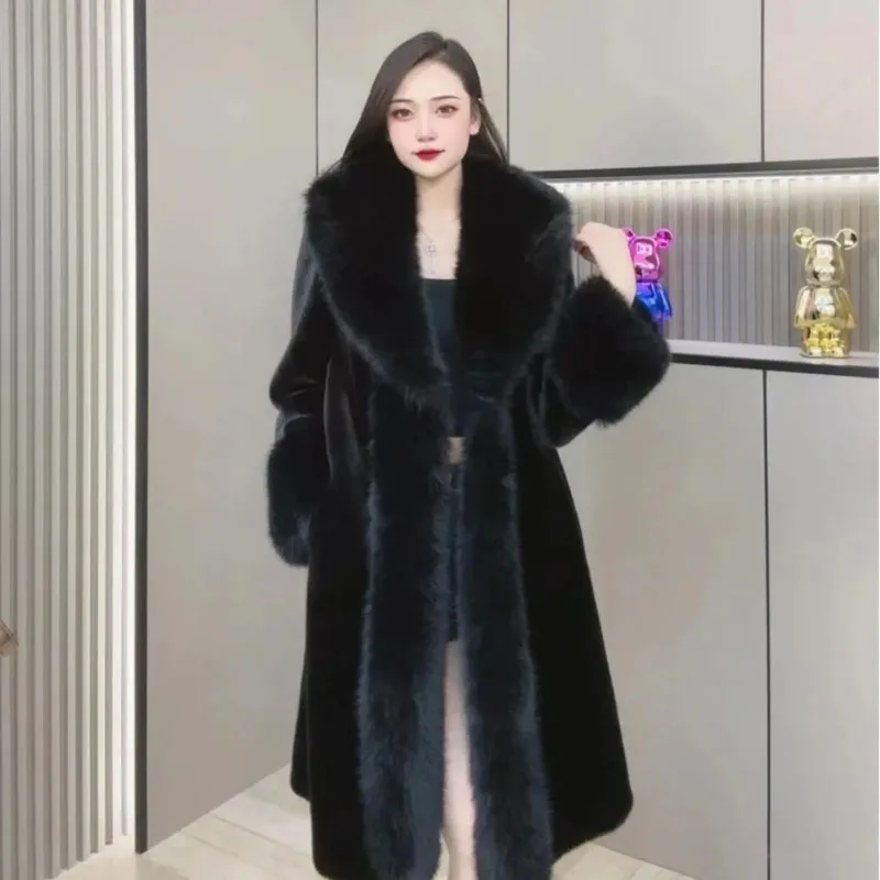 Women's Winter Mink Fur Overcoat, Fox Fur Collar, Long Loose Fur Jacket, Female Thicken Warm Parker Coat, New, 2023