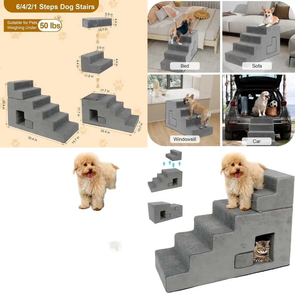 

Pet Steps for Small Dogs: 6-Step Foam Stairs with Non-Slip Cover for High Beds