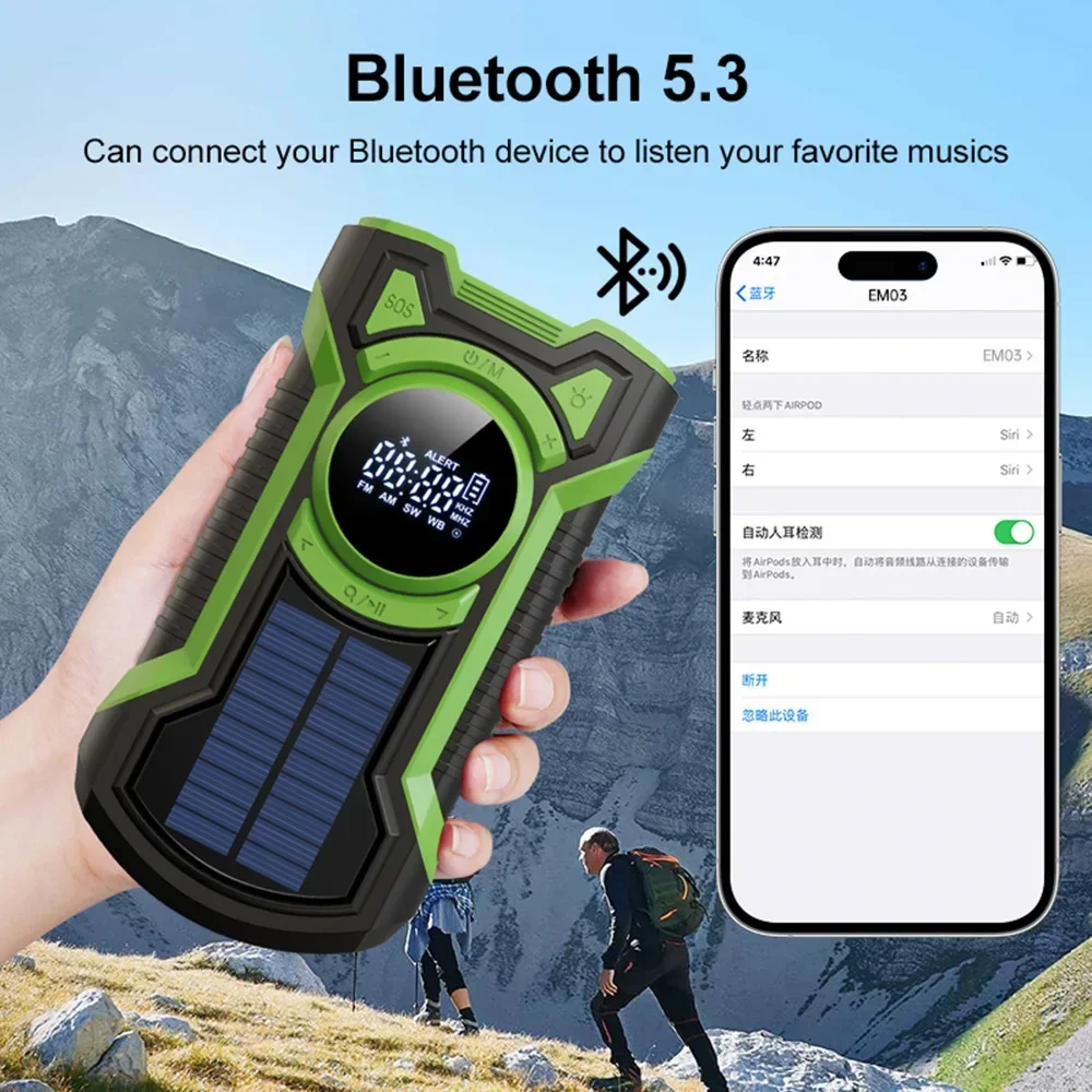 Emergency Hand Crank FM AM Radio Built-in Bluetooth Speaker Outdoor Waterproof Support Solar Cahrging SOS Alert LED Flashlight