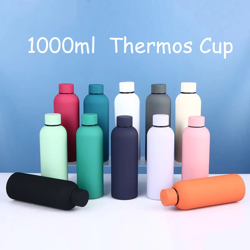 1000ml Double-walled stainless steel leak-proof insulated water bottle, sports coffee, straight cup, black, 1000ml