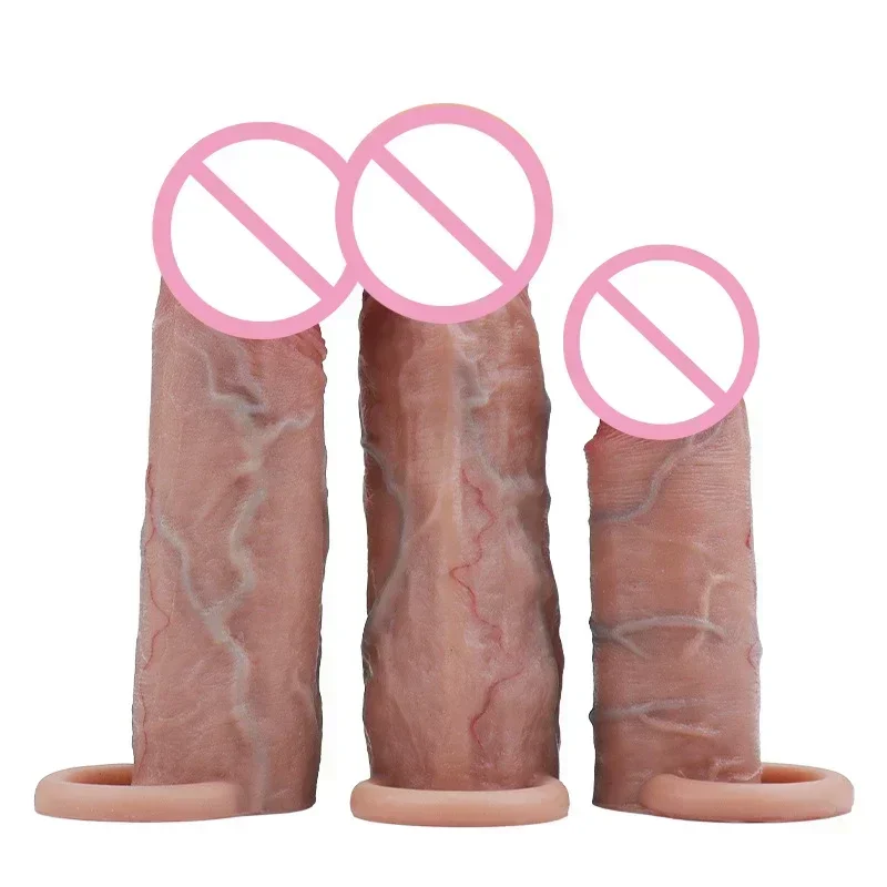 Realistic Penis Sheath Reusable Silicone Condom Cock Extension Sex Toys Artificial Dick Enlargement Extender Men Penis Sleeve