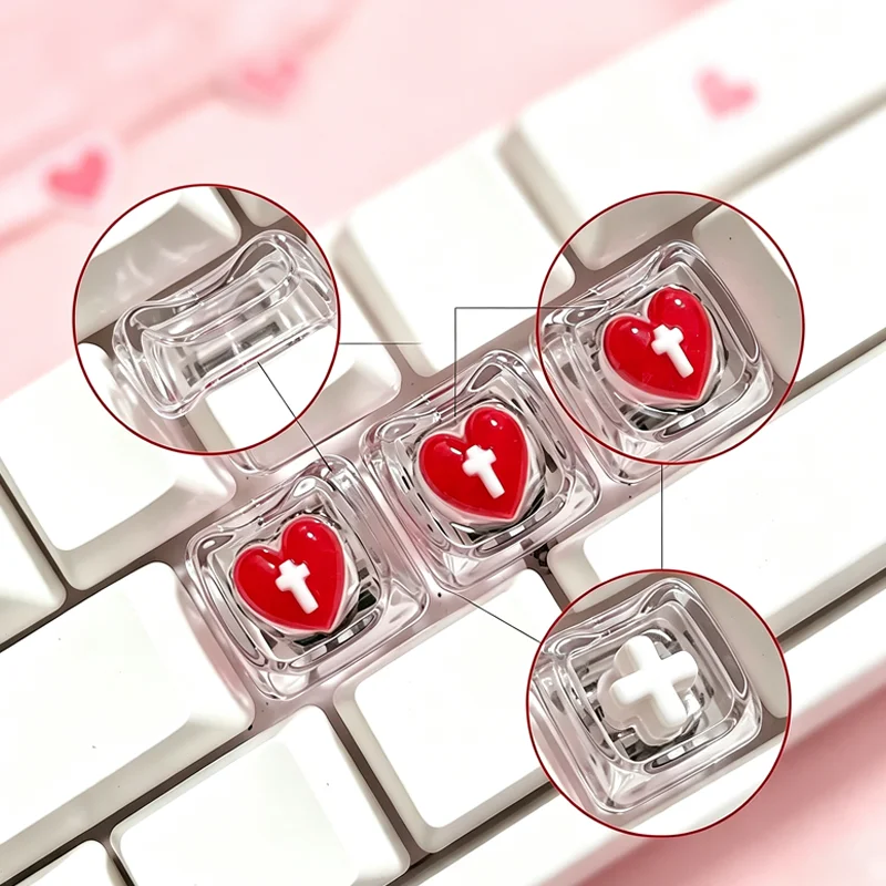 4-piece set of cartoon cat pink heart shaped keycaps, exclusive cute custom backlit heart-shaped keyboard keycaps
