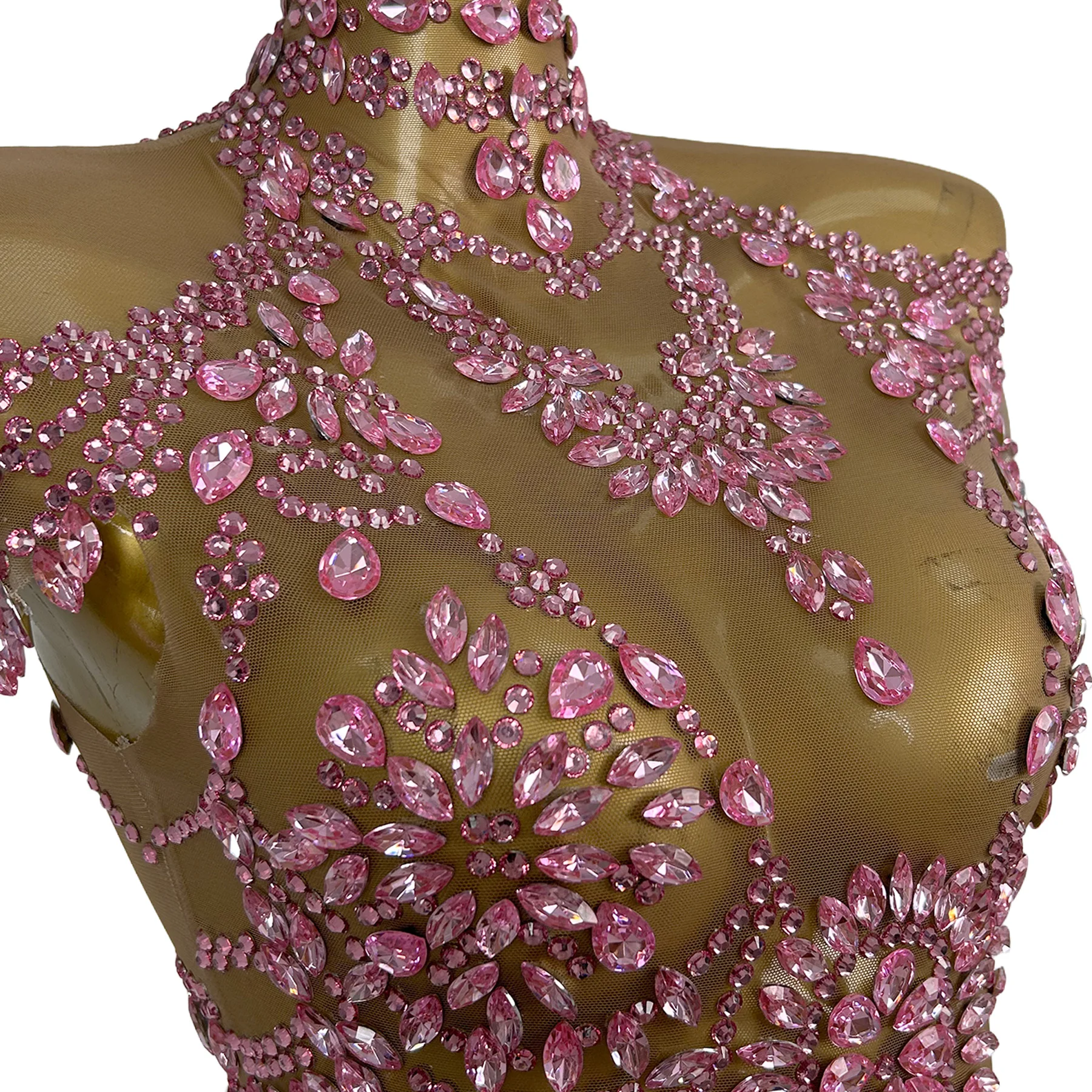 Wuniang Pink Rhinestone Sheer Mesh High Neck Bodysuit Off Shoulder Bodycon Outfit for Stage Performance Evening Party Prom Event