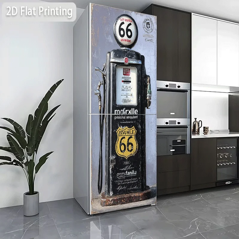 Refrigerator Sticker Refrigerator Dishwasher Sticker Vintage Gas Pump Themed Design Wall Decal Self-Adhesive Wallpaper Refrige