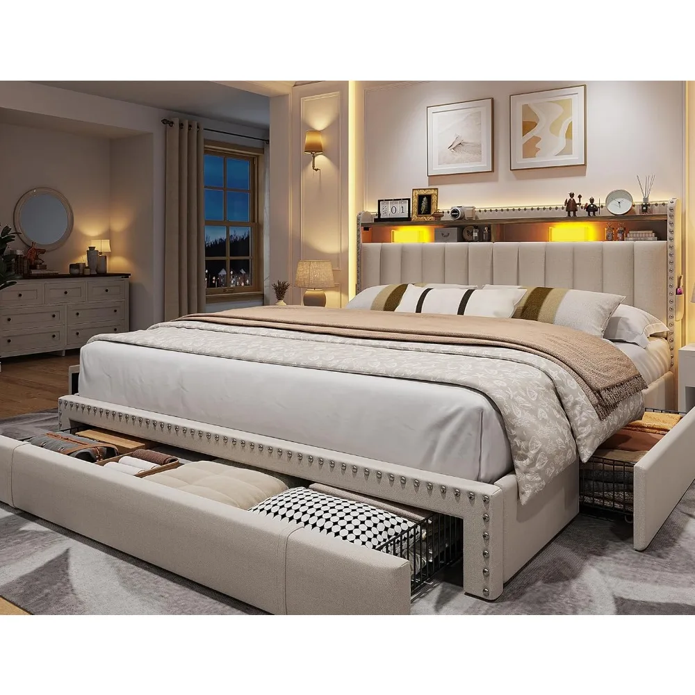 Bed Frame Queen size 2-Tier Storage Headboard,Upholstered Platform Bed Frame Queen Size with 3 Drawers,with Storage