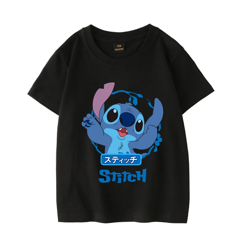 Camiseta de dibujos animados de Disney Stitch para niños, ropa cómoda y versátil de verano, 100% algodón, bonita e interesante, informal