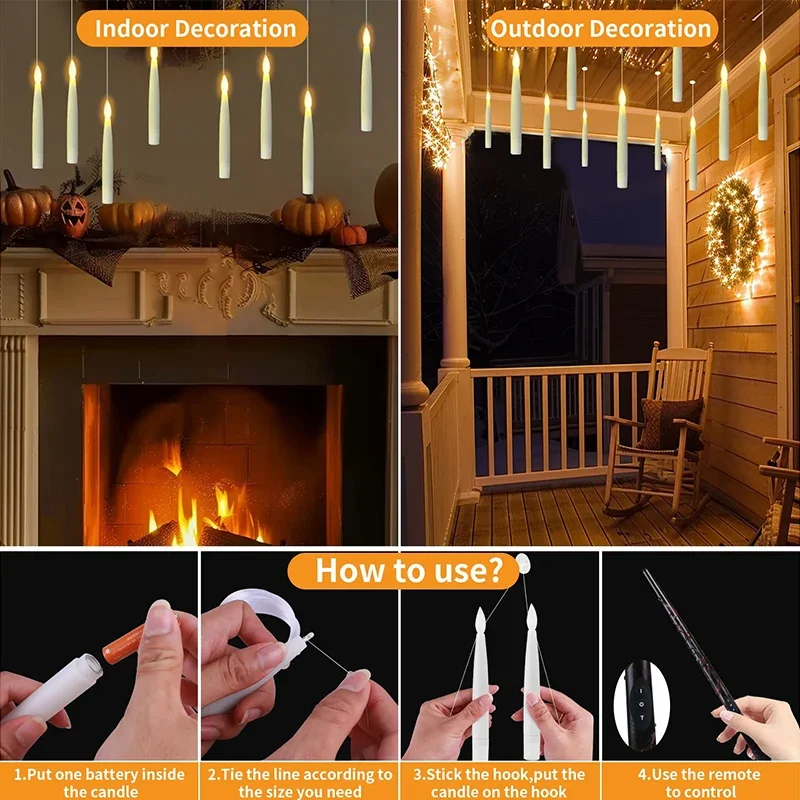 Remoto Flickering Warm Light LED Flameless Taper Candle, varinha mágica flutuante, operado a pilhas, festa de Halloween, 8-24 pcs