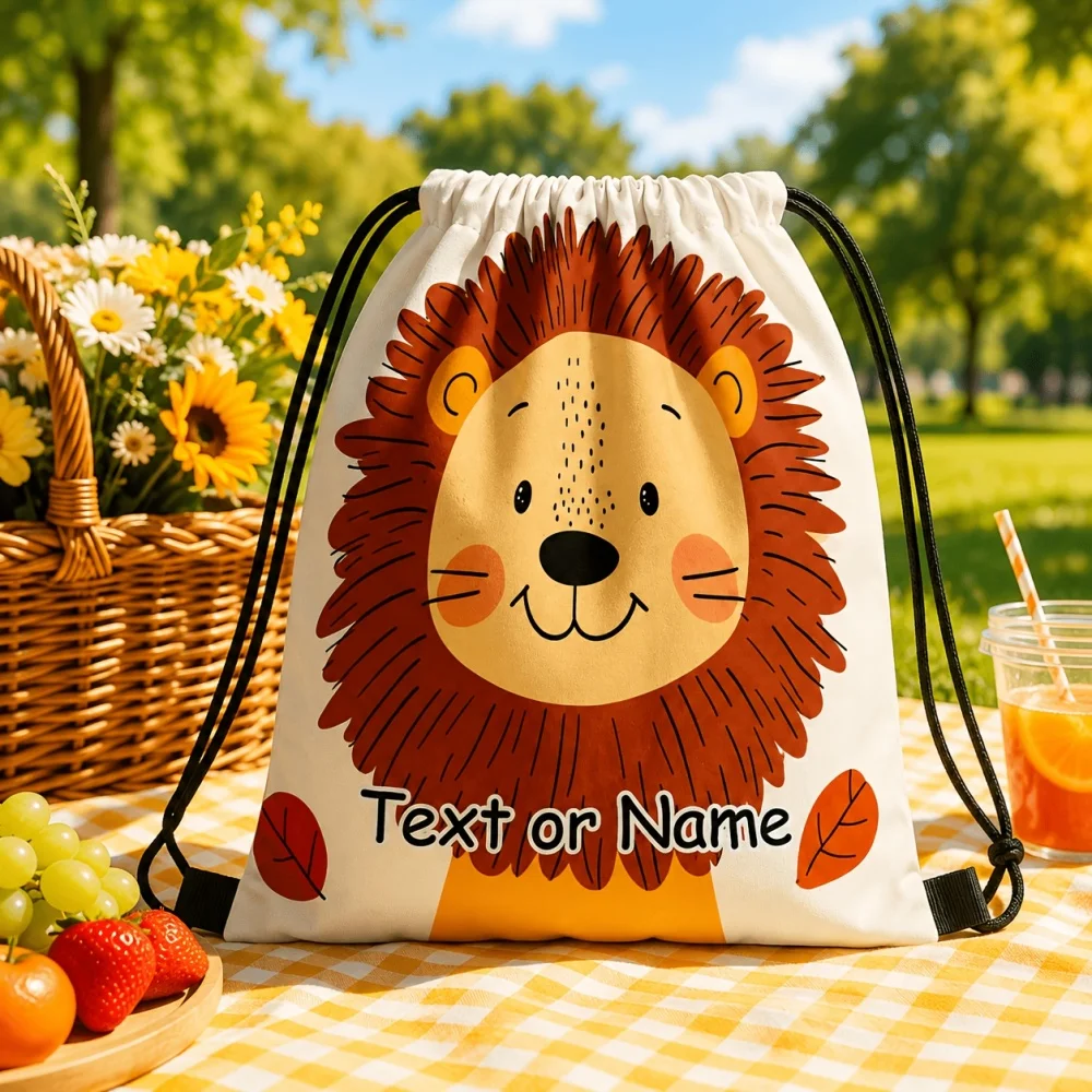 1Pc Custom Name/Text Cute Lion Face Drawstring Bag,Travel Backpack,Unisex Lightweight Storage Pouch,Halloween and Christmas Gift