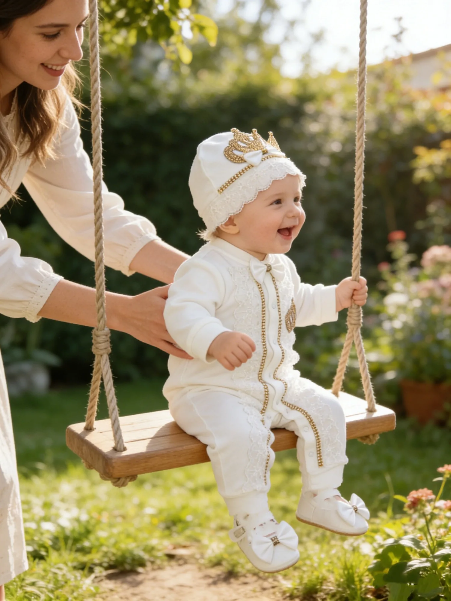 2025 Baby Girl Luxury Set - Onesie Hat Shoes with White Gold Crown & Lace Decor
