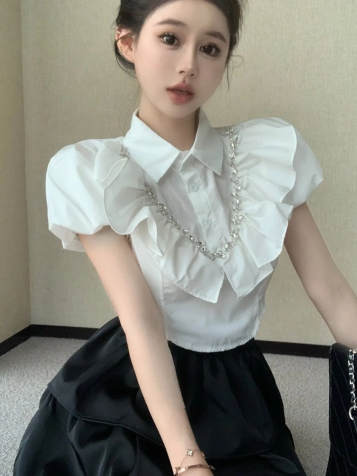 Ele White ort Bubble Sve Collare da donna irt Nicole Rose Brand Commute Sle Colore puro Bottone singolo Multiplo...